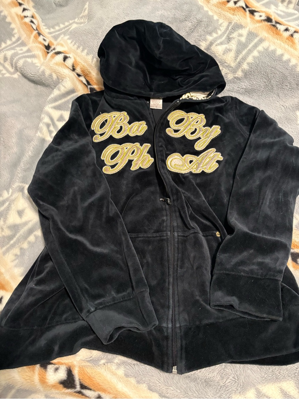 Baby Phat Black Velour Hooded Jacket with Gold Script